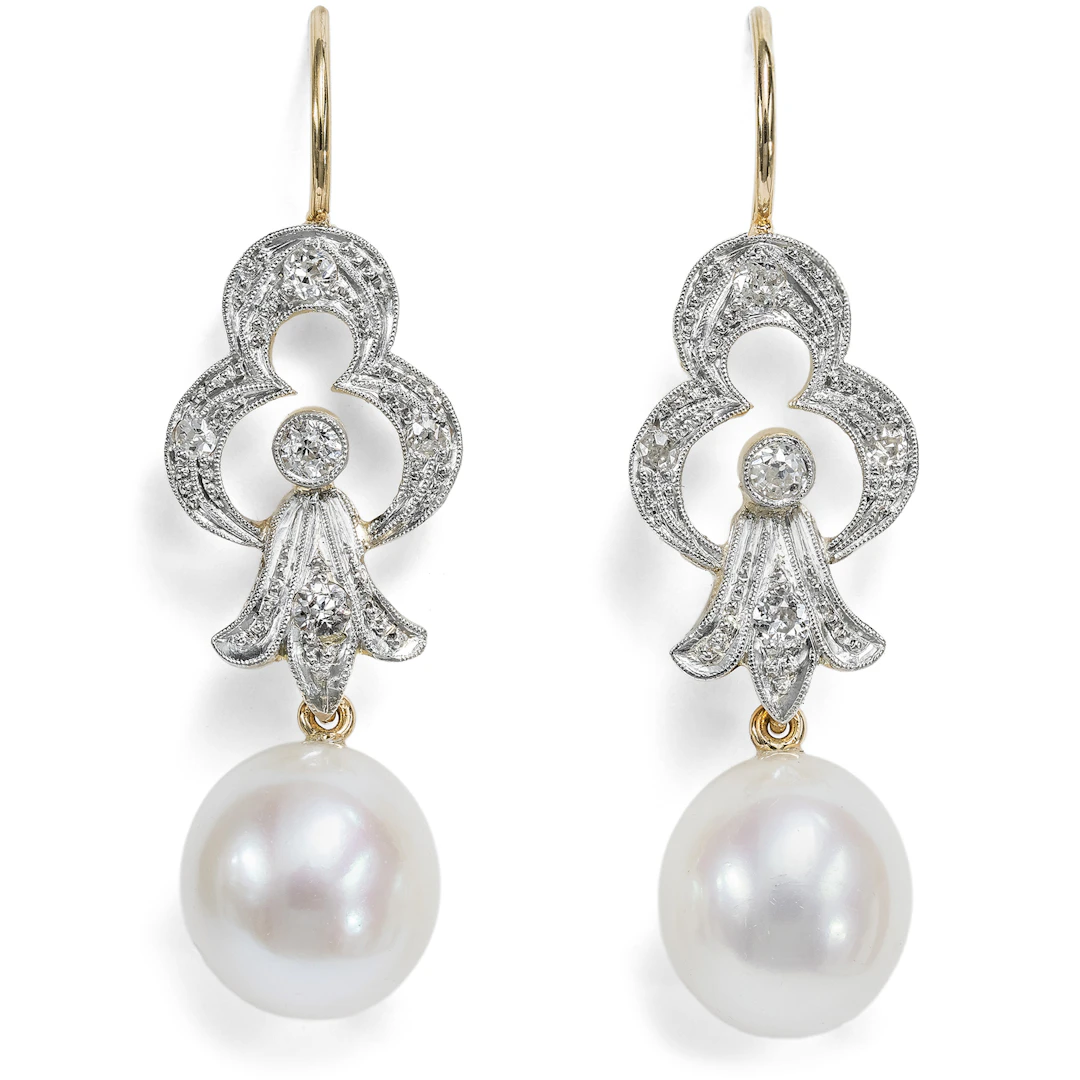 Earrings Made from Antique Elements with Diamonds, Pearls, Gold, and