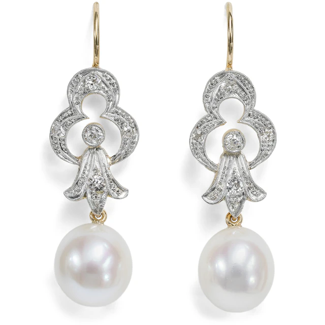 Earrings Made from Antique Elements with Diamonds, Pearls, Gold, and