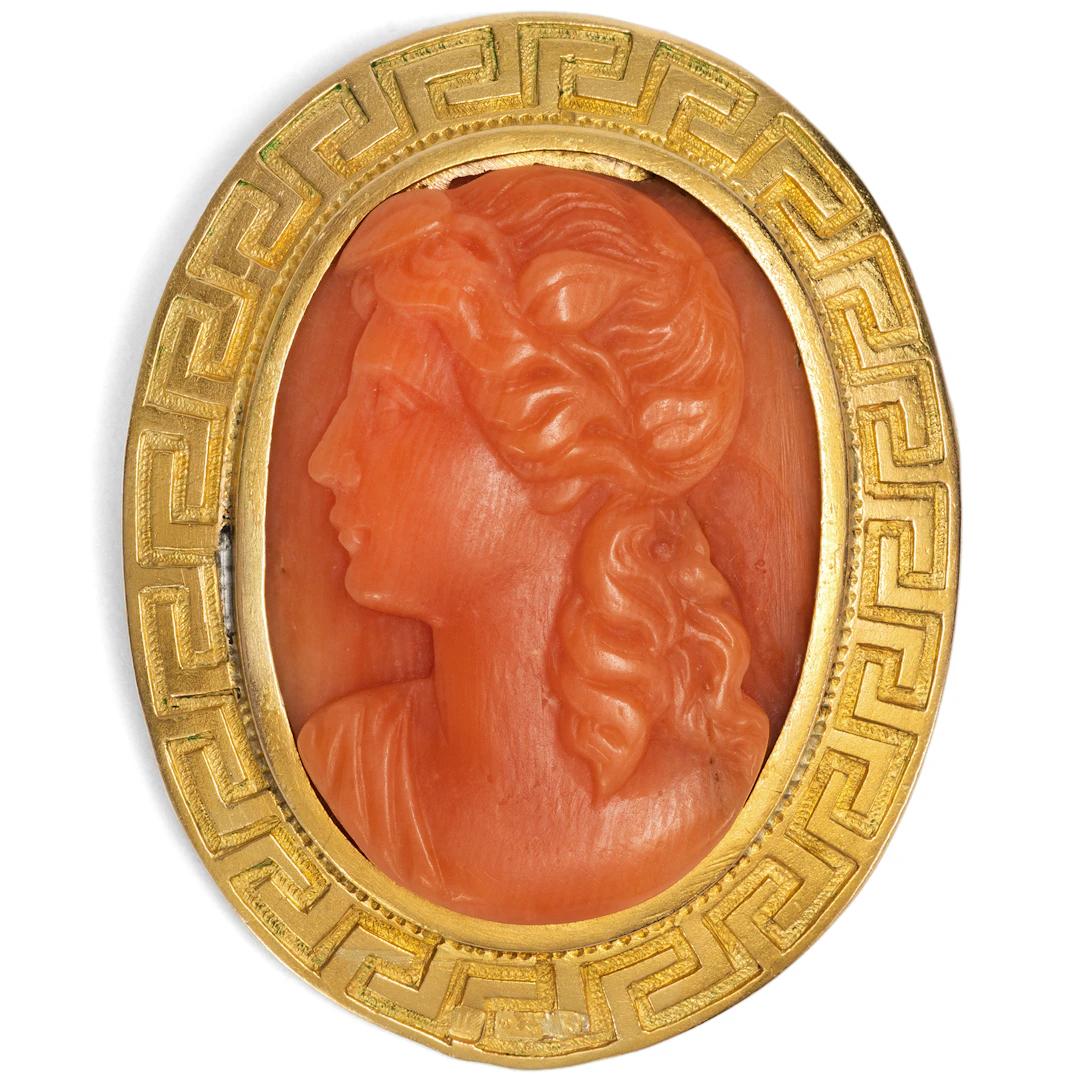 Antique Coral Cameo Depicting a Bacchante in Gold, as a Pendant, c. 1910