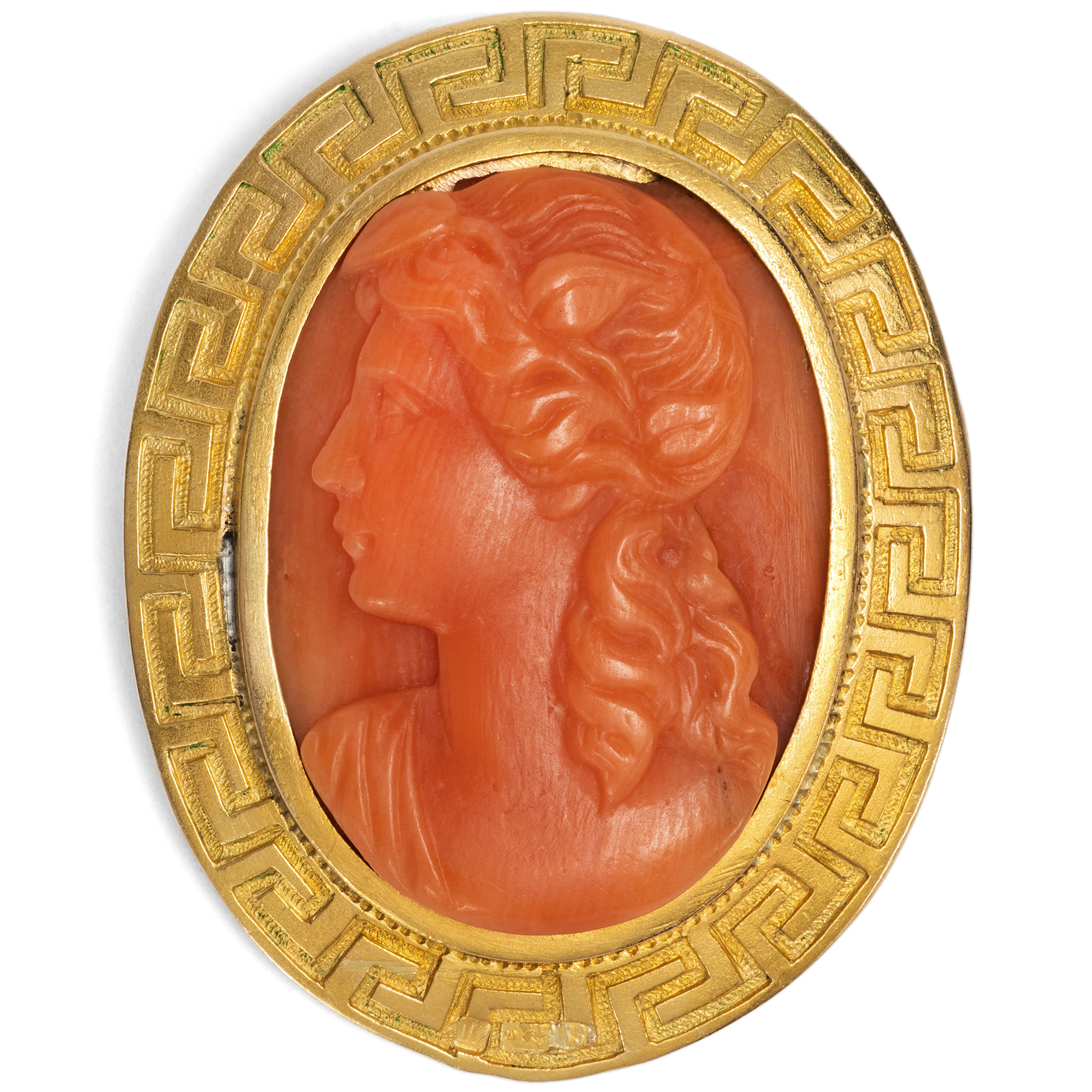 Antique Coral Cameo Depicting a Bacchante in Gold, as a Pendant, c. 1910