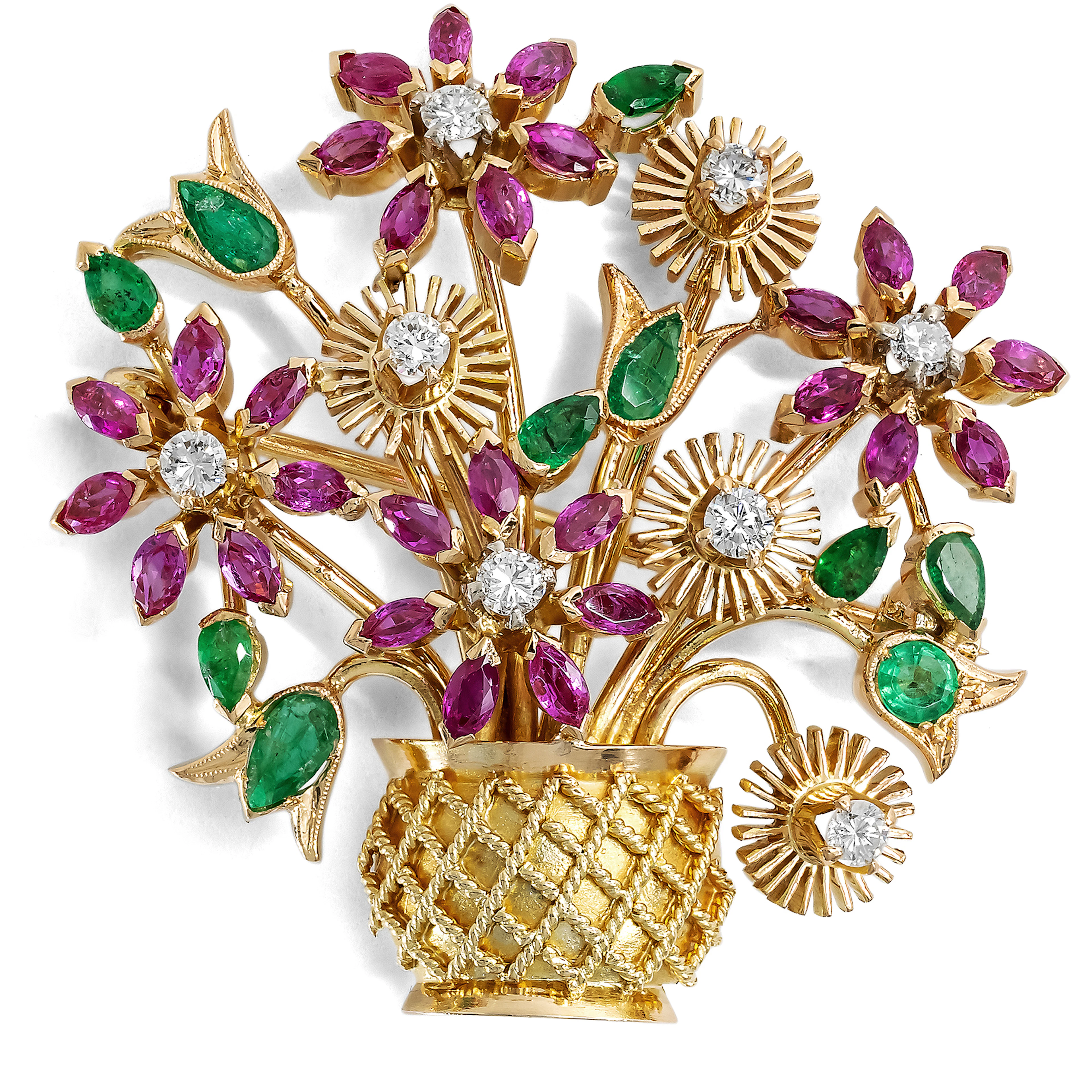 Colourful Vintage Brooch with Rubies, Emeralds and Diamonds in Gold, c. 1960