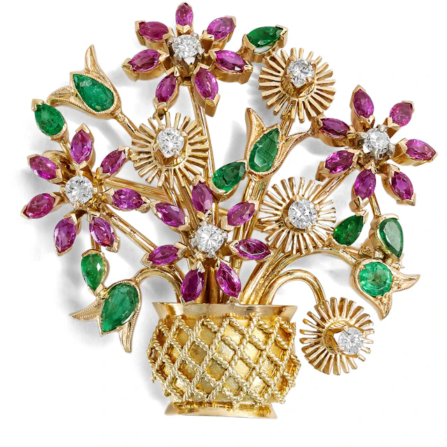 Colourful Vintage Brooch with Rubies, Emeralds and Diamonds in Gold, c. 1960