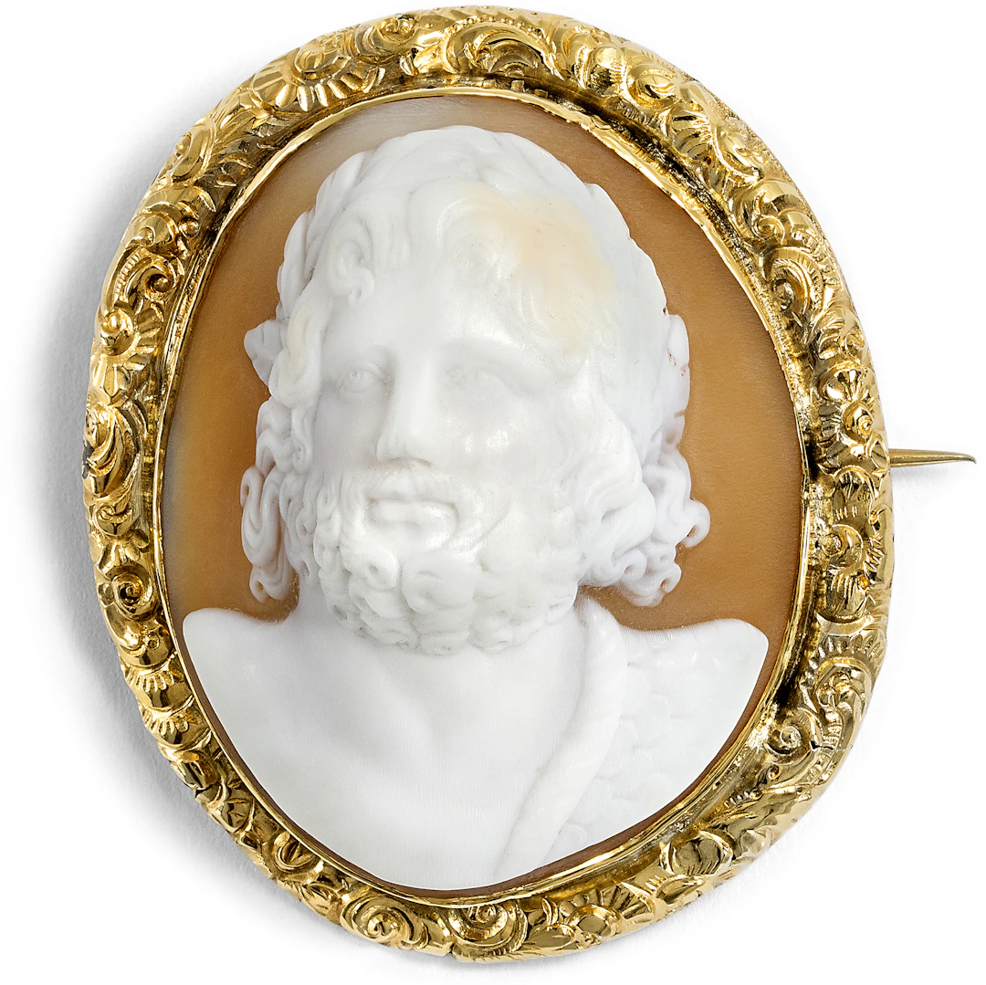 Unusual Sculptural Shell Cameo of Zeus Set in Gold as a Brooch, c. 1845
