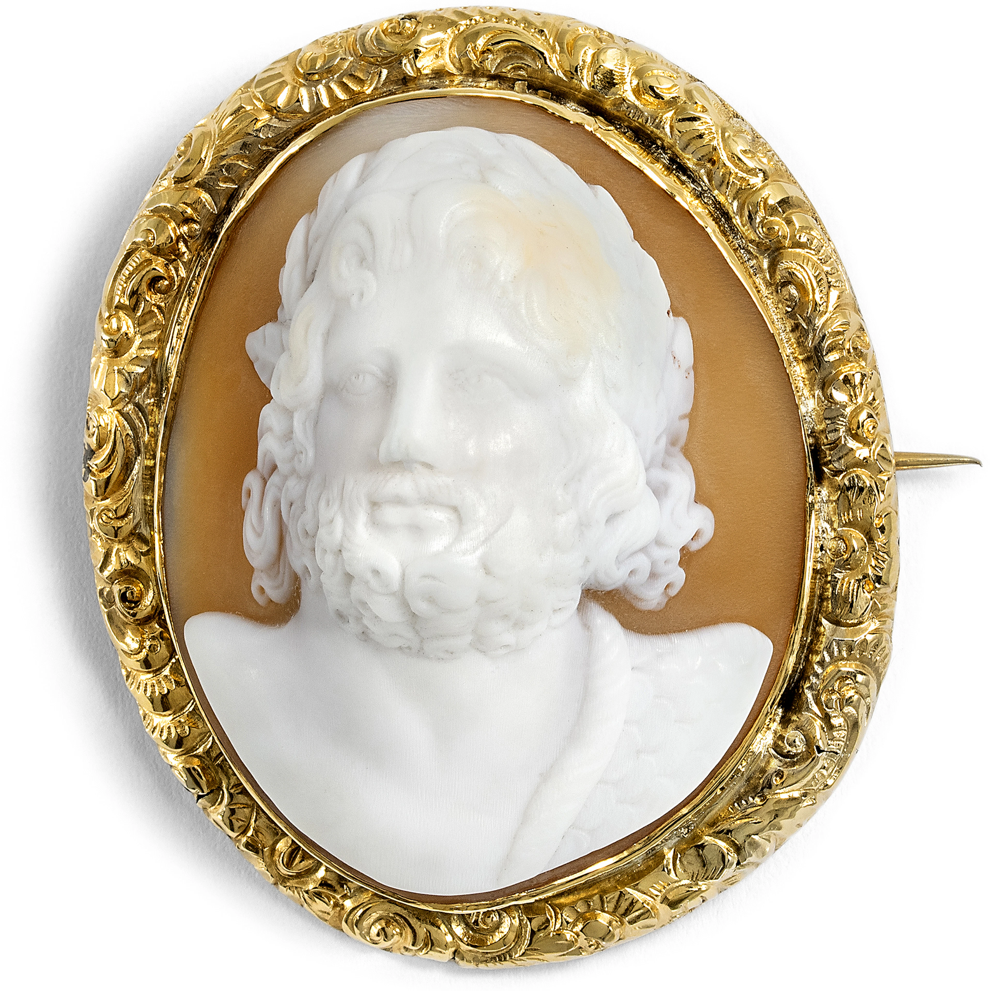 Unusual Sculptural Shell Cameo of Zeus Set in Gold as a Brooch, c. 1845