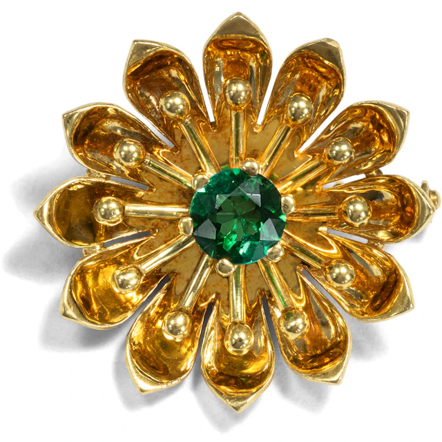 Floral Vintage Gold Brooch with Tourmaline, Pforzheim c. 1955