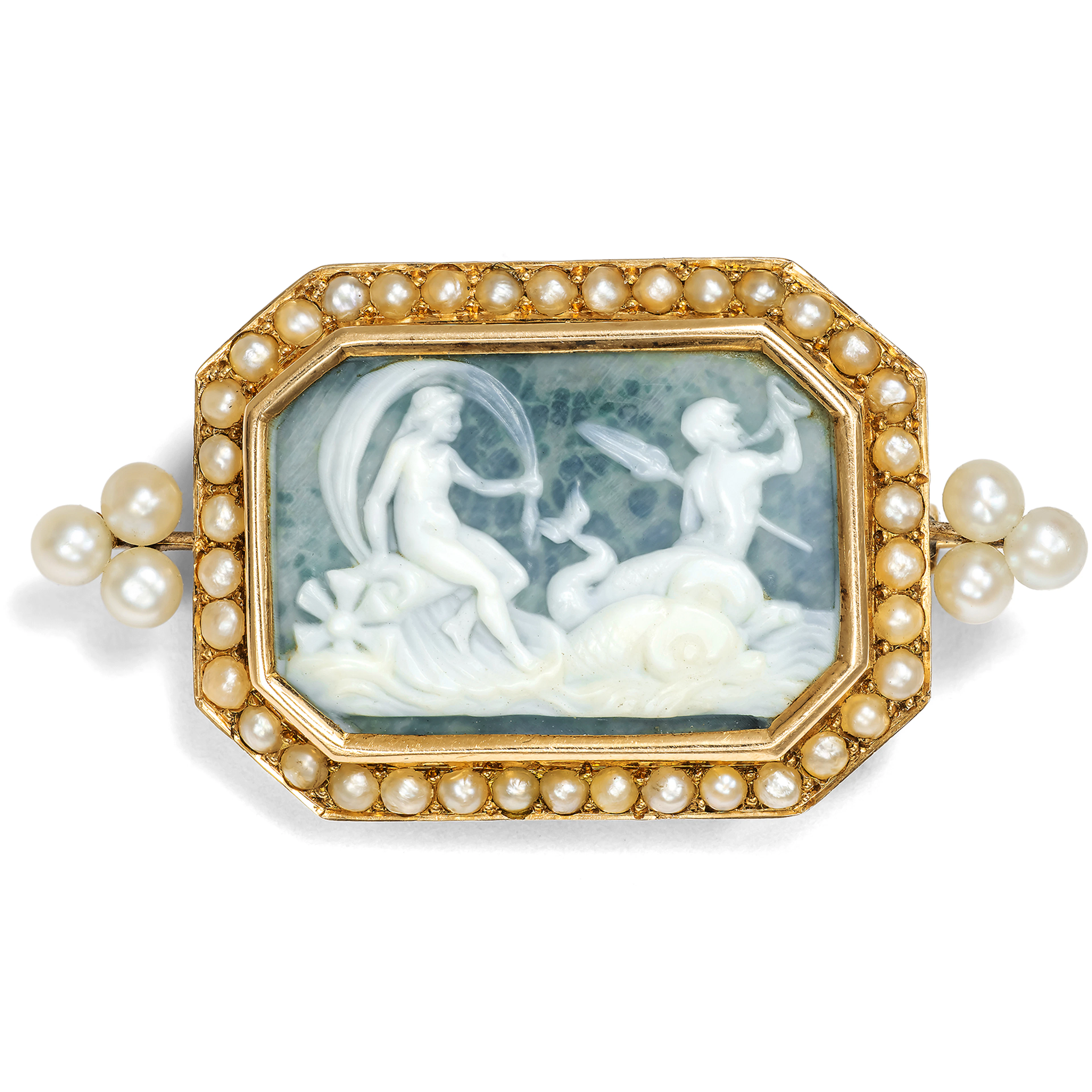 Antique Oyster Shell Cameo Set in Gold with Natural Pearls, c. 1820 & c. 1890