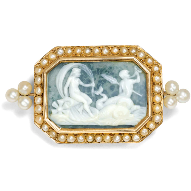 Antique Oyster Shell Cameo Set in Gold with Natural Pearls, c. 1820 & c. 1890