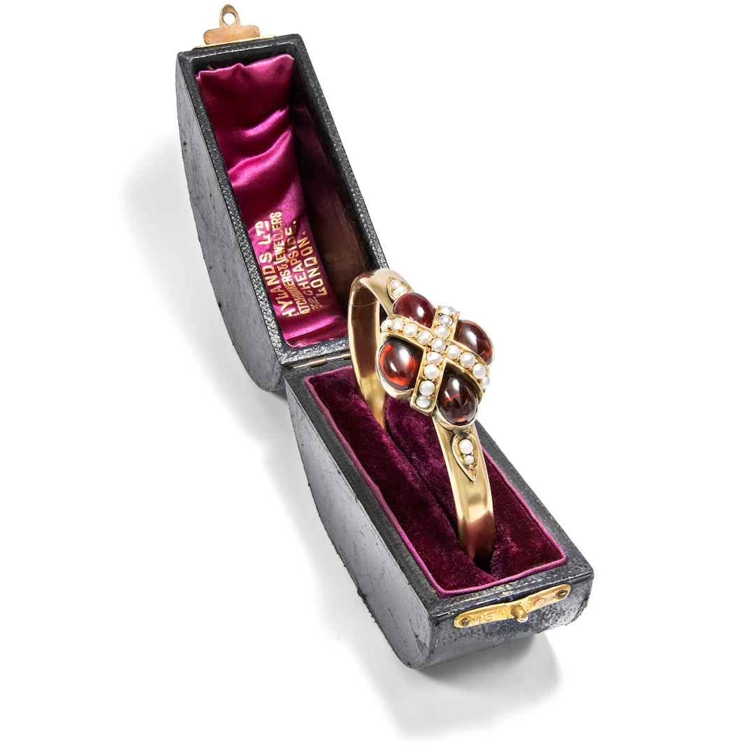 Magnificent Victorian Garnet Cabochon and Pearl Bangle, c. 1865