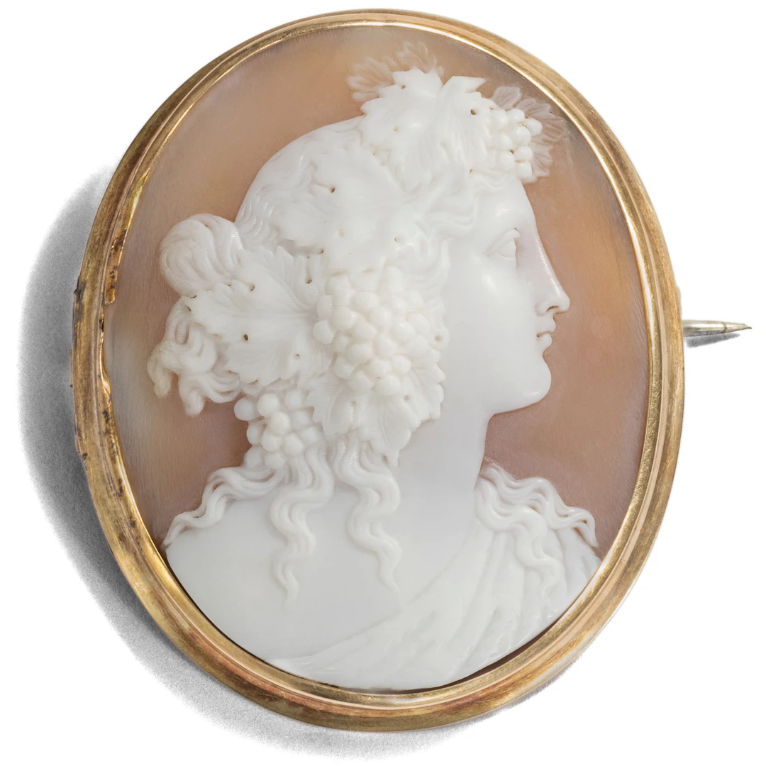 Magnificent Shell Cameo of a Bacchante as a Brooch With Gold Framing