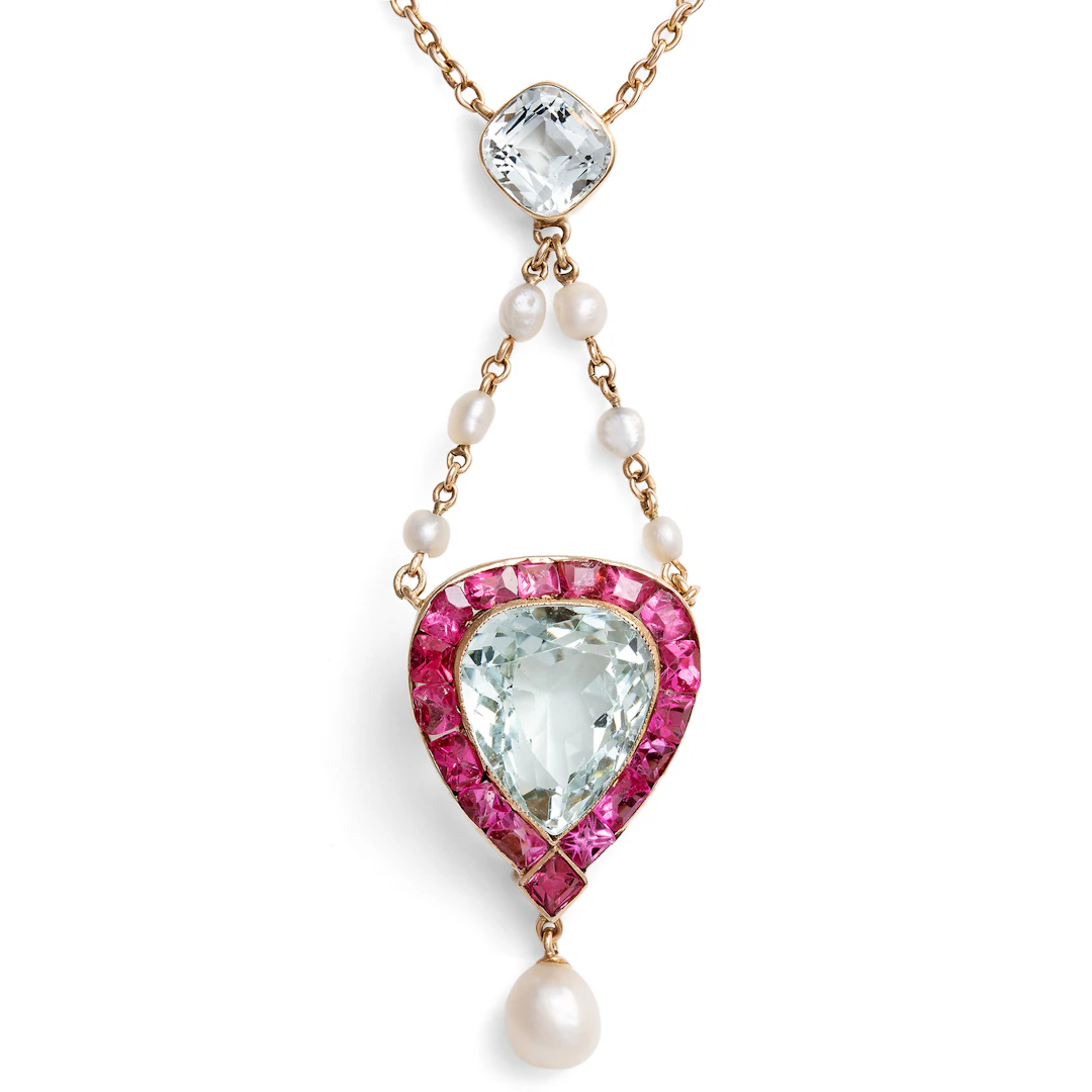 Antique Gold Necklace with Aquamarines, Natural Pearls, and Spinels, c. 1900