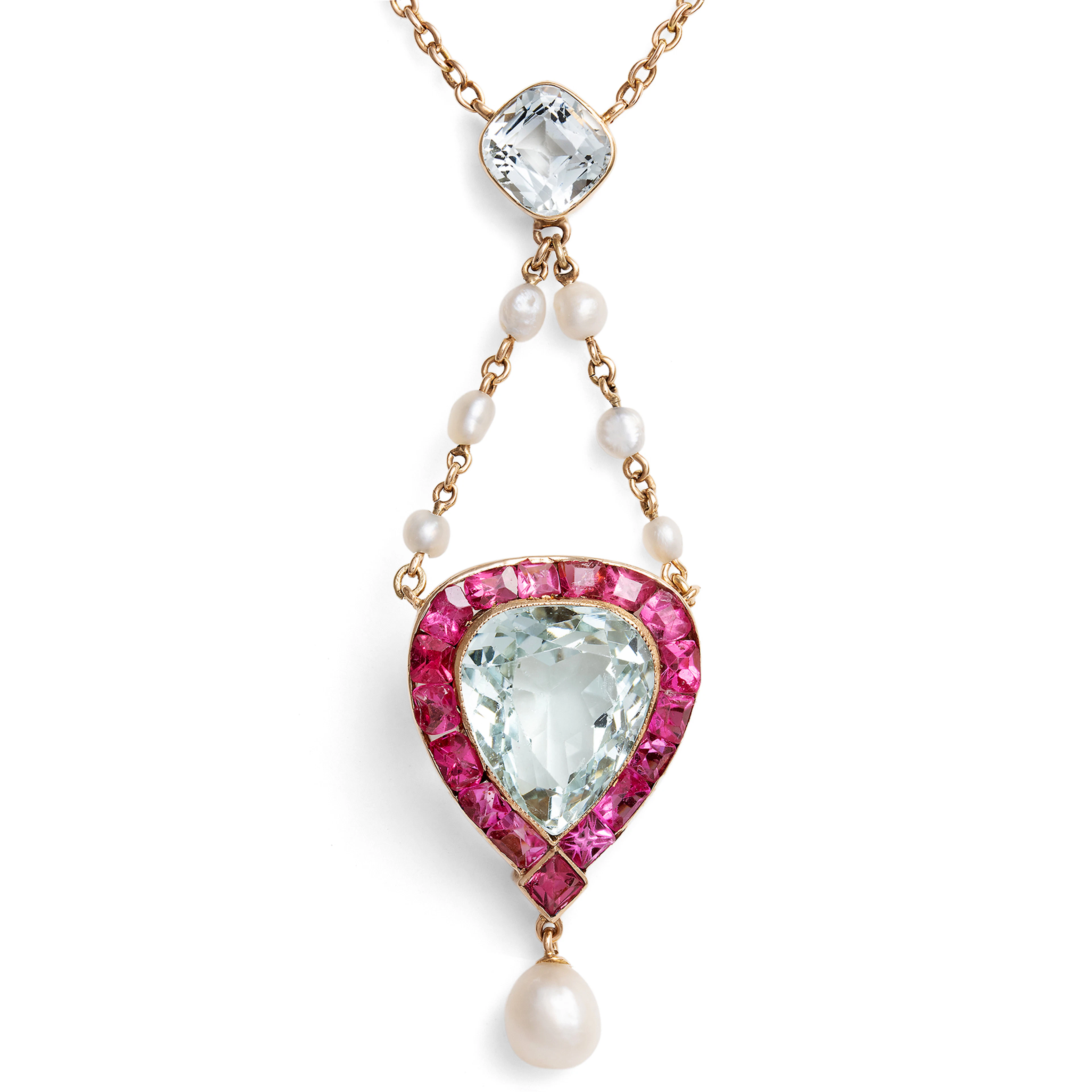 Antique Gold Necklace with Aquamarines, Natural Pearls, and Spinels, c. 1900