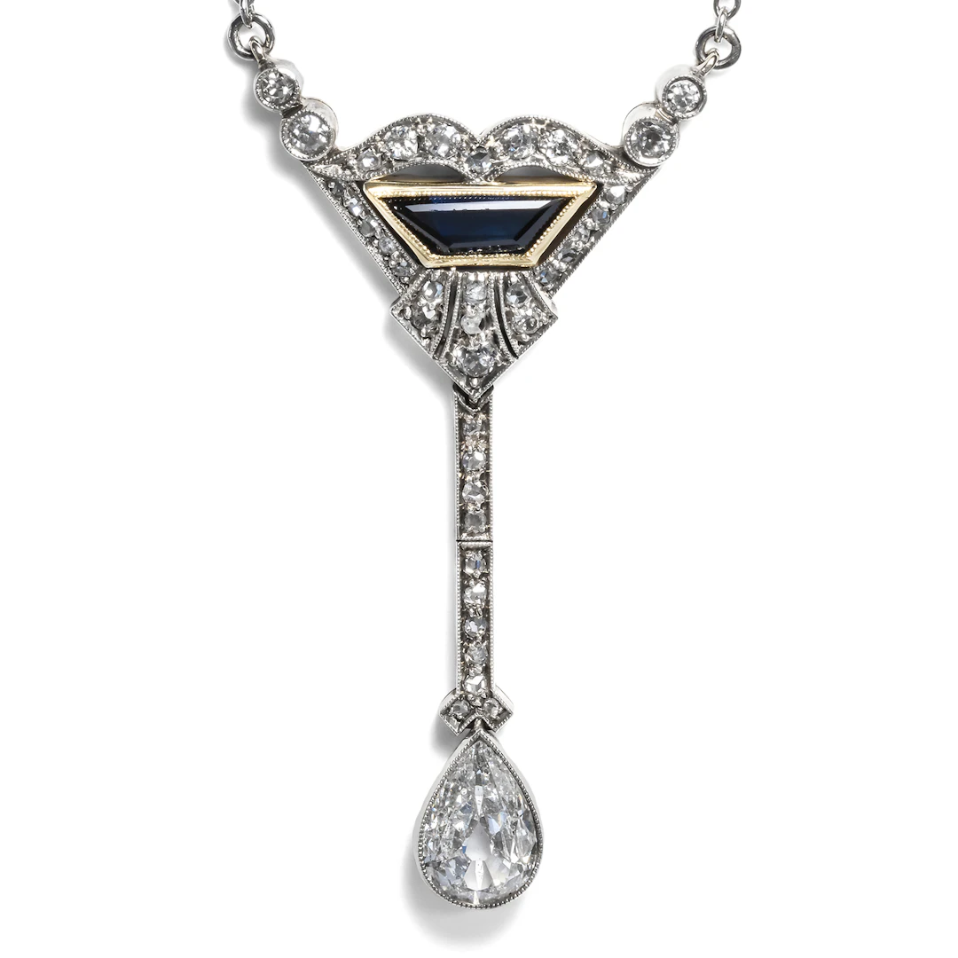 Precious Art Deco Necklace With Sapphire & Diamonds From Moscow, Circa 1930