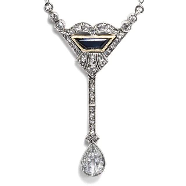 Precious Art Deco Necklace With Sapphire & Diamonds From Moscow, Circa 1930