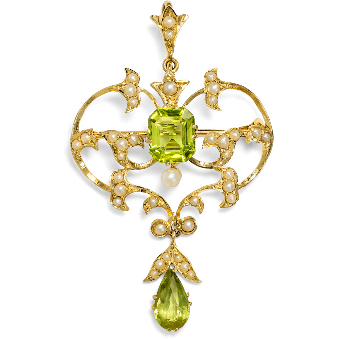 Antique Pendant Gold Brooch with Peridots & Pearls, Great Britain c. 1905