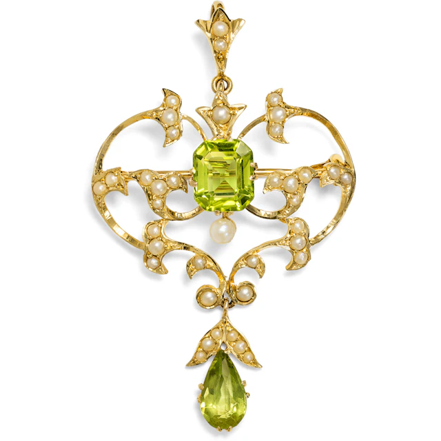 Antique Pendant Gold Brooch with Peridots & Pearls, Great Britain c. 1905