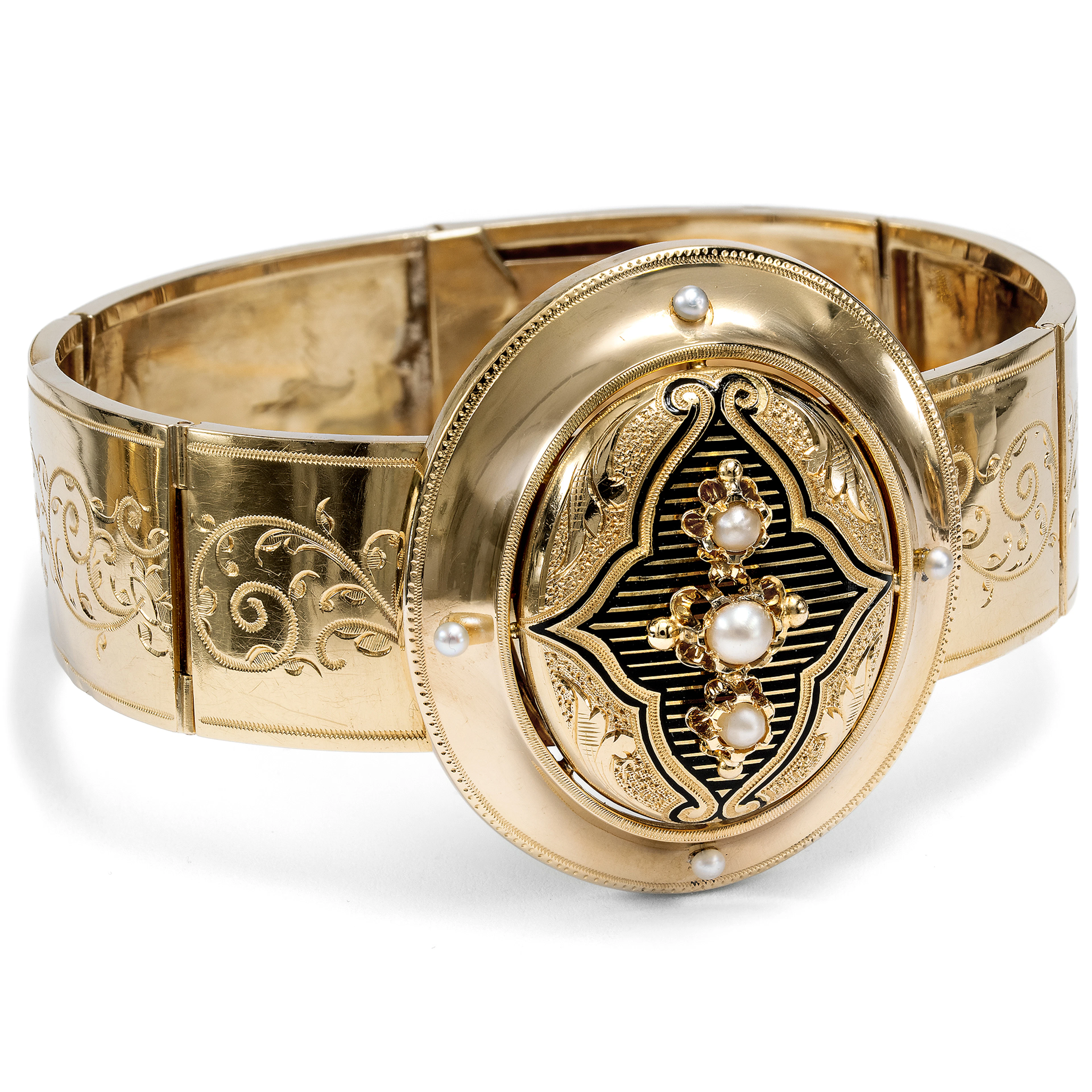 Gold Bracelet with Black Enamel & Pearls, Paris c. 1870