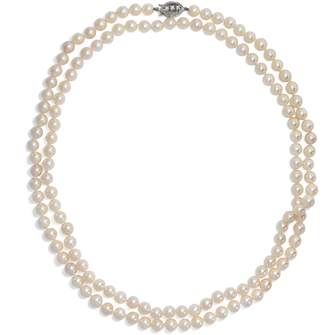 Long Cultured Pearl Necklace with Diamond-Set White Gold Clasp, Germany c. 1970