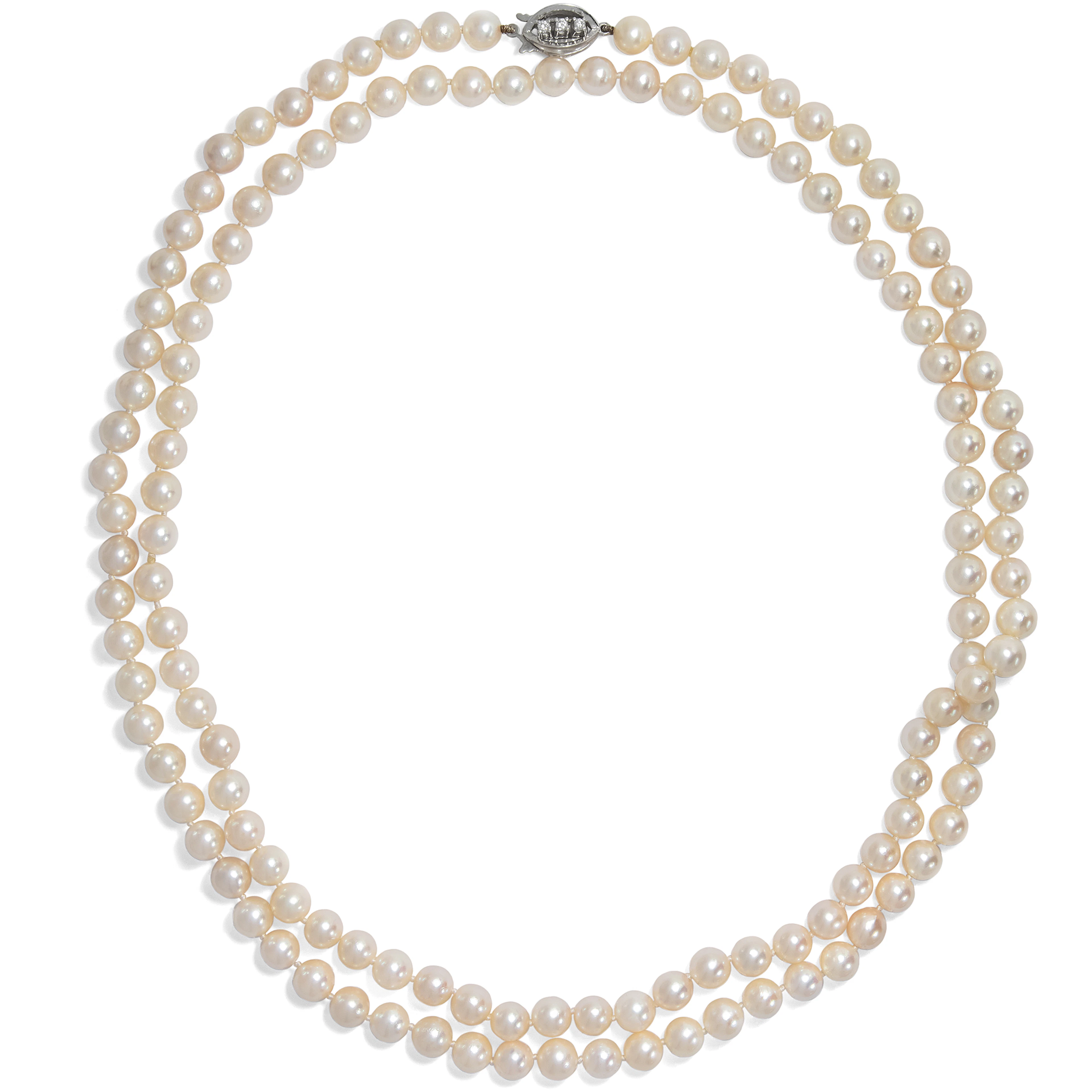 Long Cultured Pearl Necklace with Diamond-Set White Gold Clasp, Germany c. 1970