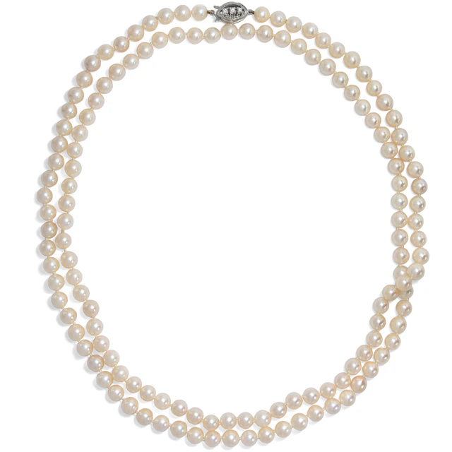 Long Cultured Pearl Necklace with Diamond-Set White Gold Clasp, Germany c. 1970