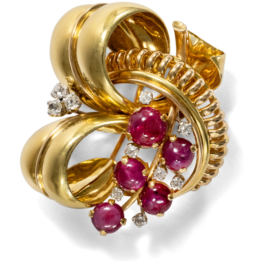 Retro Style Clip With Untreated Burma Rubies & Diamonds, W.A. Bolin