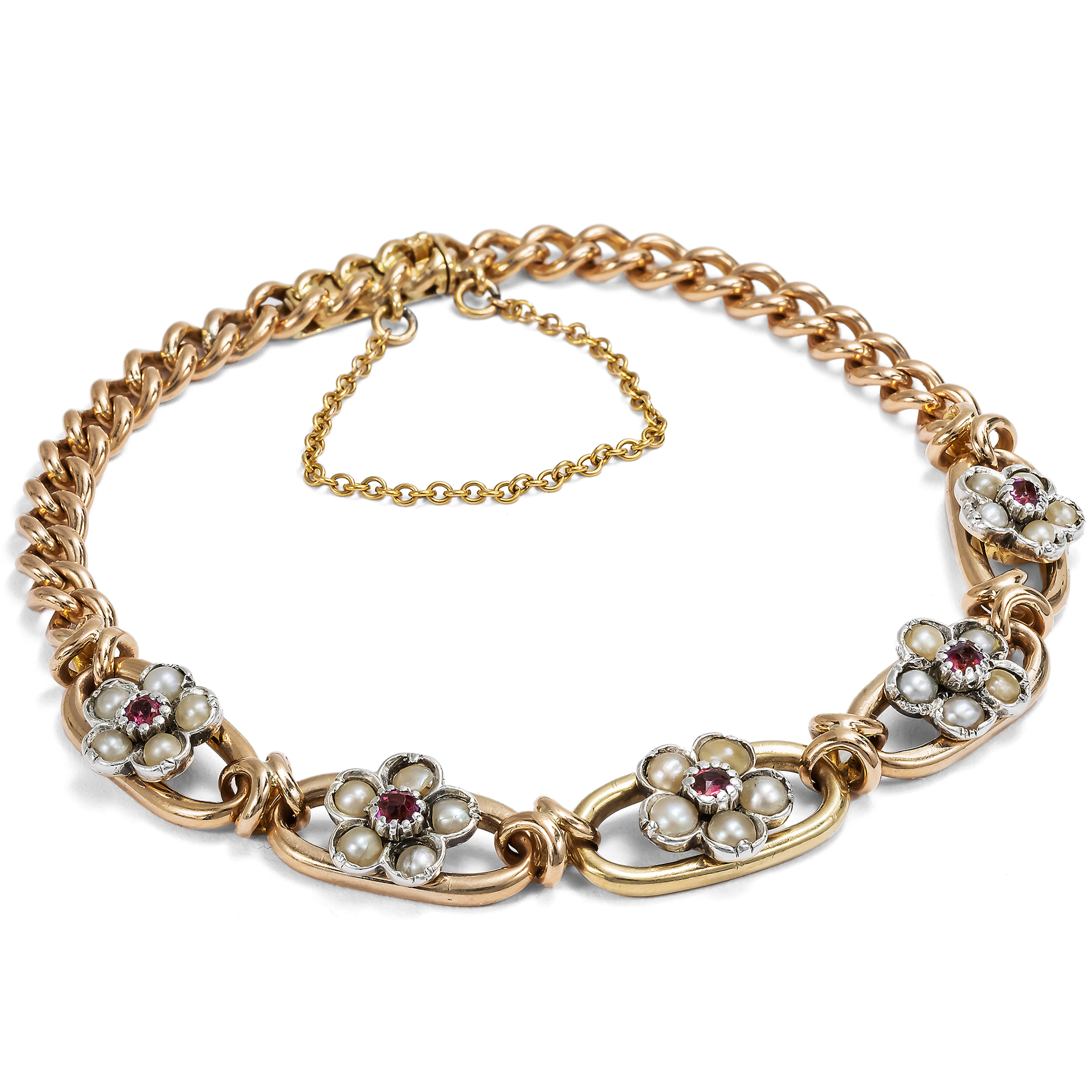 Victorian Ruby, Natural Pearl and Gold Link Bracelet, British, c. 1890