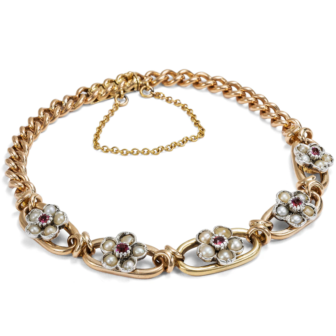 Victorian Ruby, Natural Pearl and Gold Link Bracelet, British, c. 1890