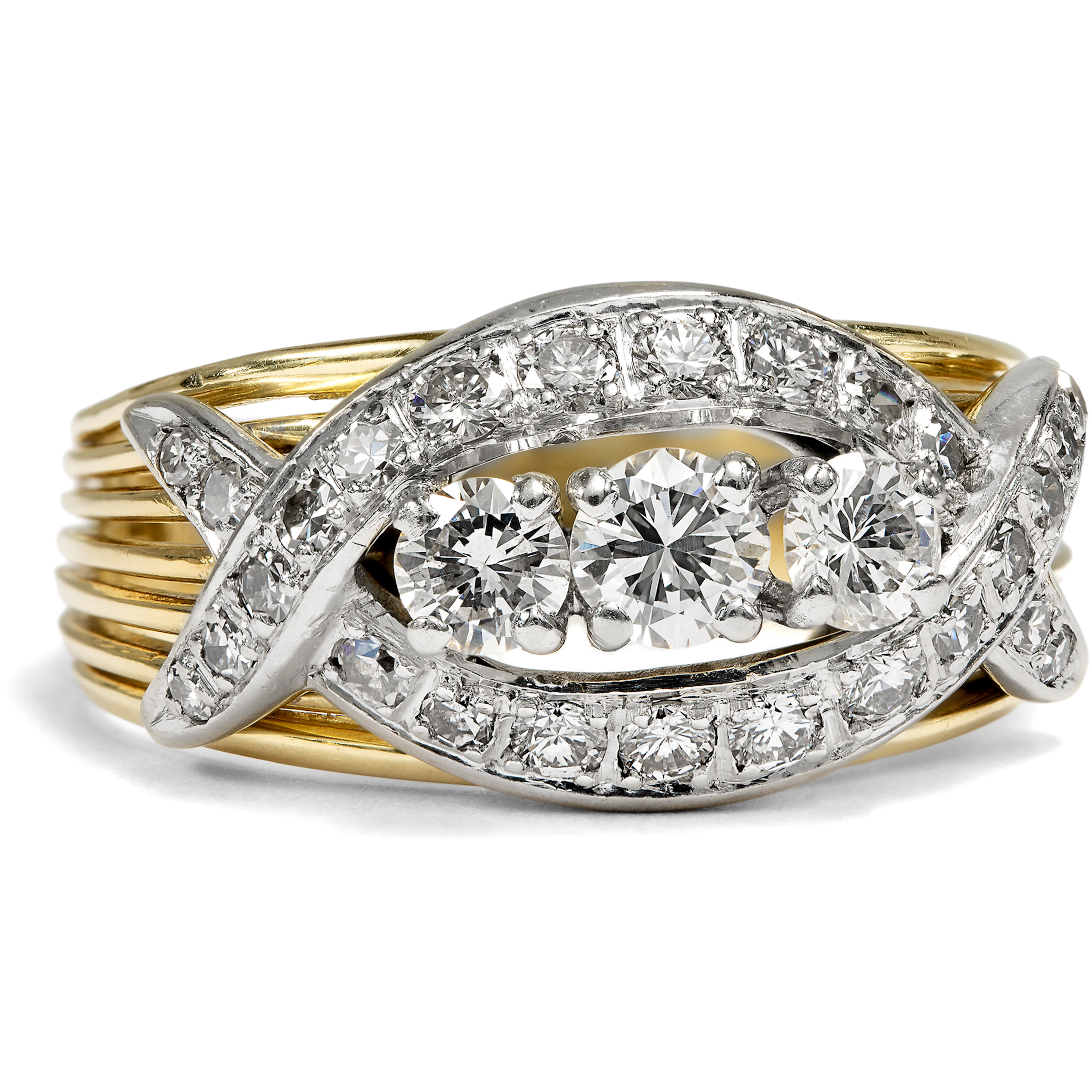 Glamorous Midcentury Ring with Diamonds in Two-Tone Gold, German, c. 1950s