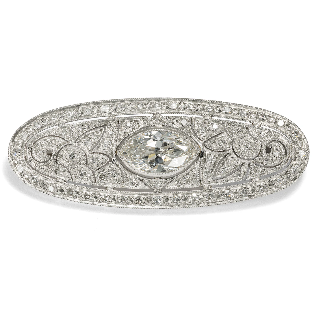 Wonderful Art Deco Platinum Brooch with Large Navette-Cut Diamond, c. 1925