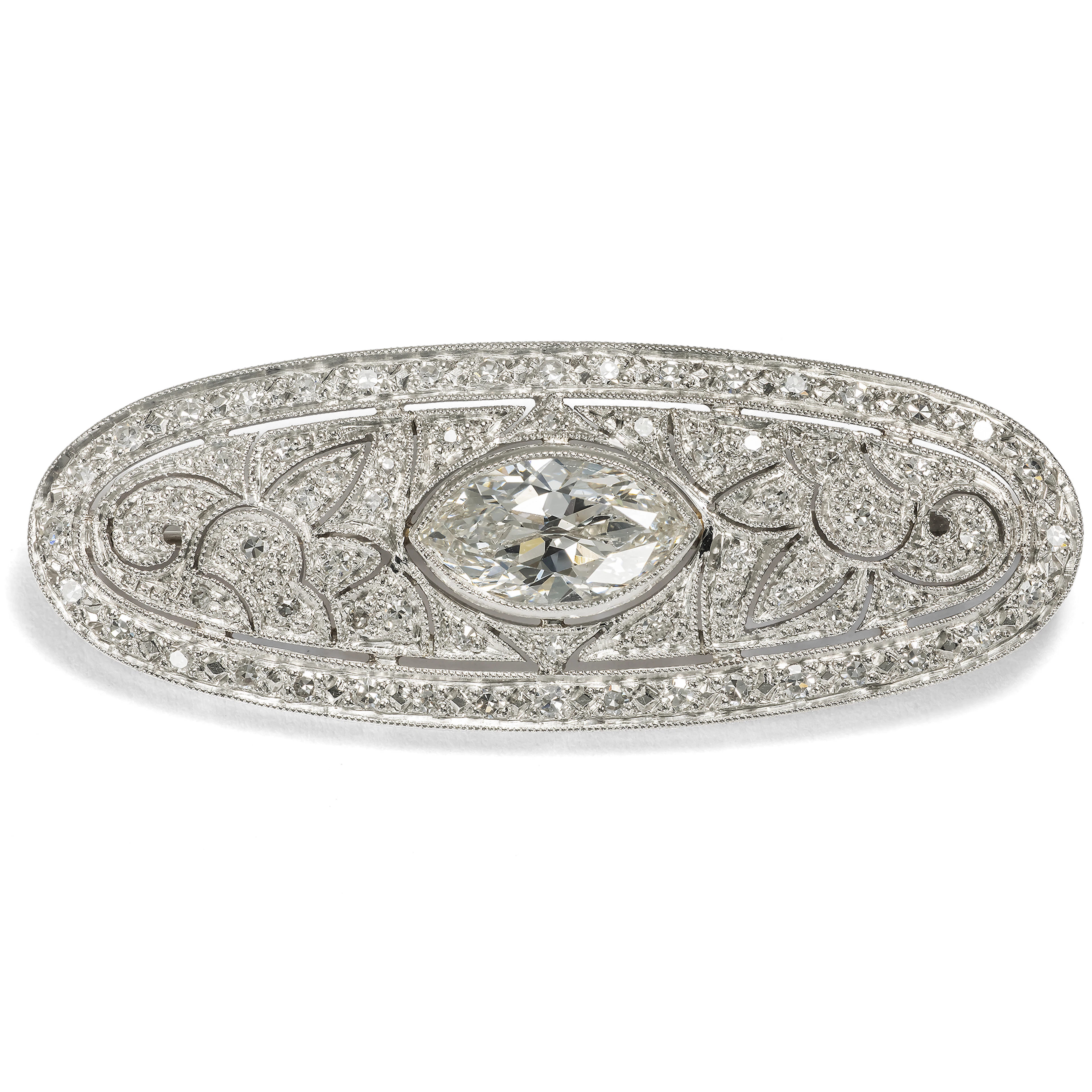 Wonderful Art Deco Platinum Brooch with Large Navette-Cut Diamond, c. 1925