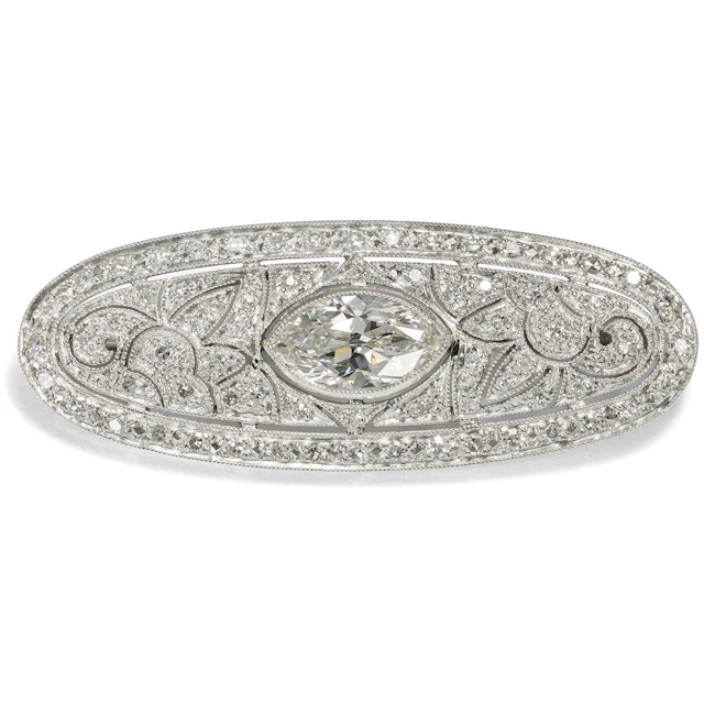Wonderful Art Deco Platinum Brooch with Large Navette-Cut Diamond, c. 1925