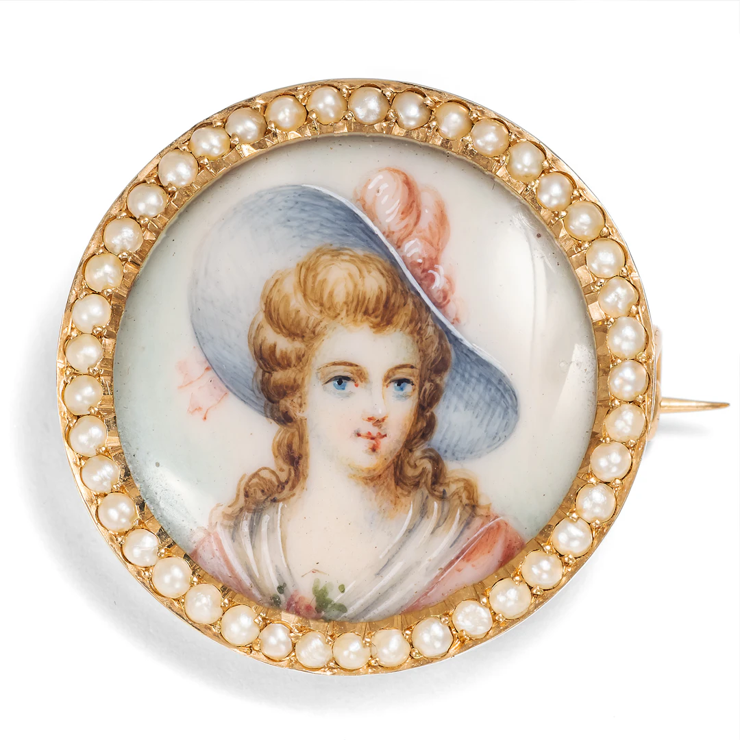 Antique Brooch with Miniature Painting in Gold & Pearls, c. 1890