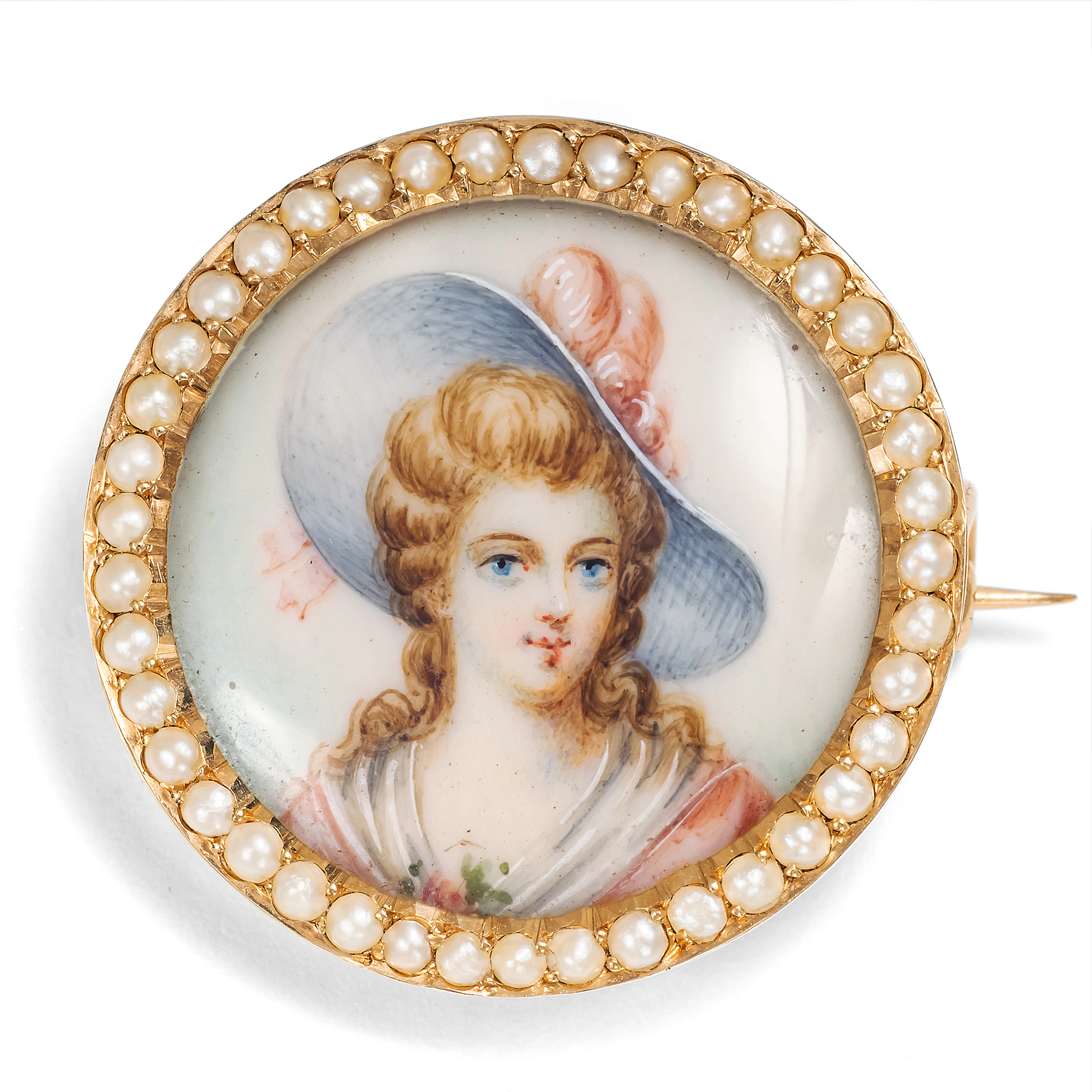 Antique Brooch with Miniature Painting in Gold & Pearls, c. 1890