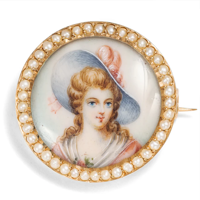 Antique Brooch with Miniature Painting in Gold & Pearls, c. 1890