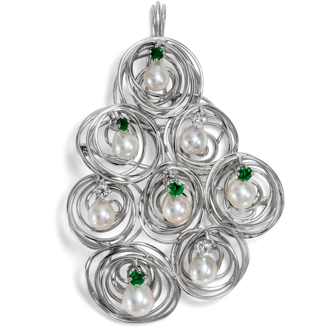 Large Kinetic Pendant-Brooch with Emeralds, Diamonds & Pearls, c. 1970