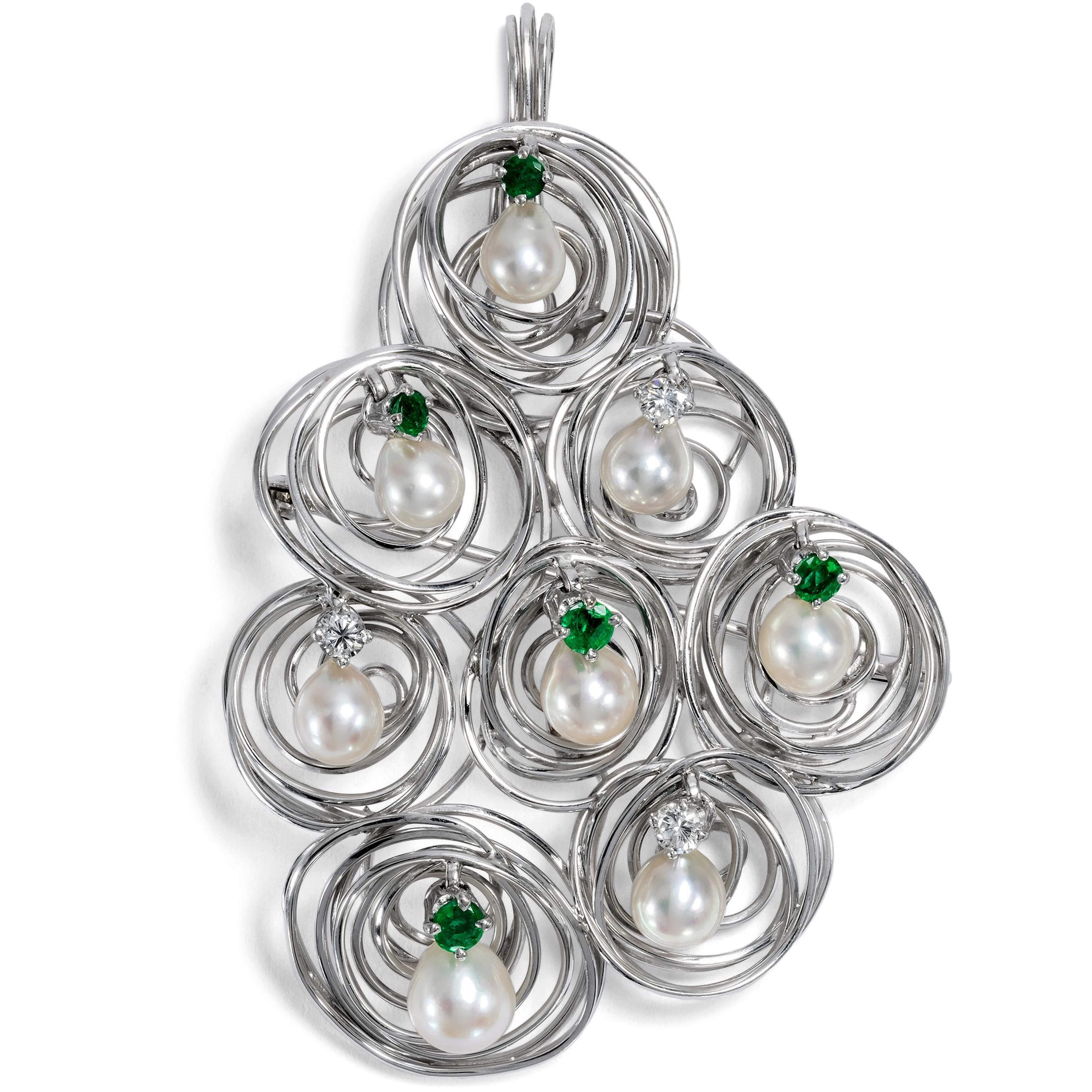 Large Kinetic Pendant-Brooch with Emeralds, Diamonds & Pearls, c. 1970
