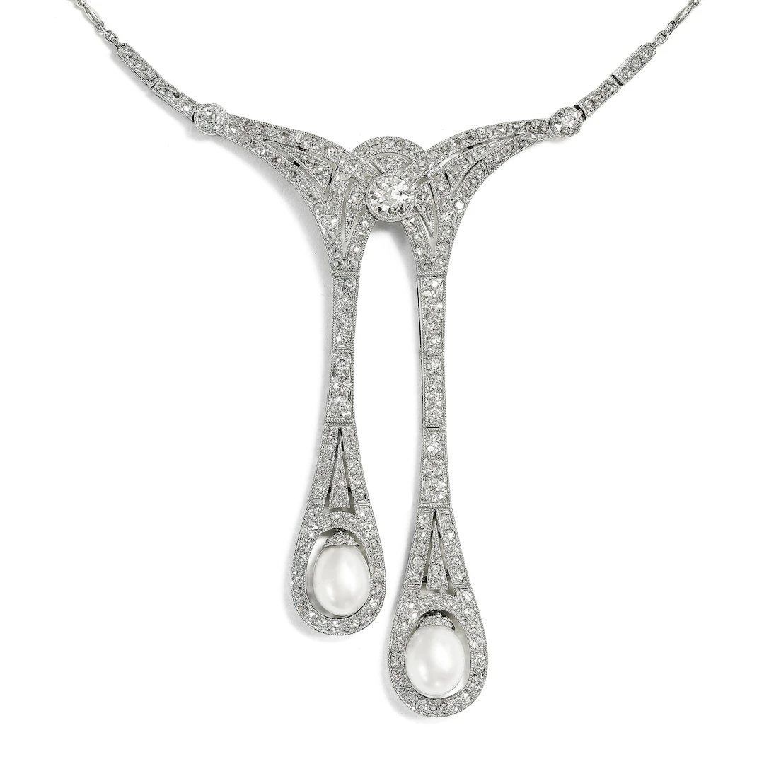 Precious "Lavallière" Necklace with Natural Pearls & Diamonds in Platinum