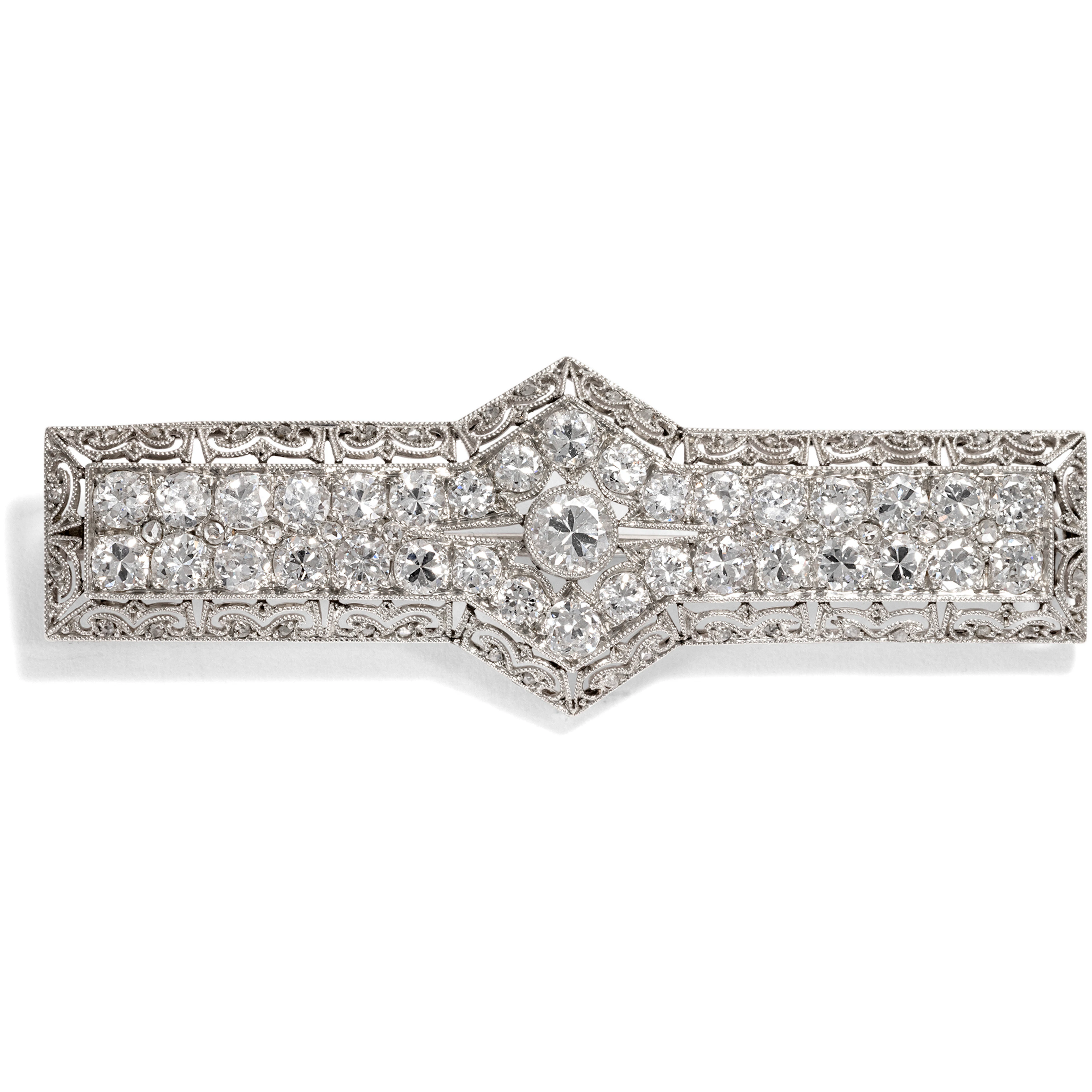 Elegant Art Deco Diamond Brooch Made of Platinum, Around 1930