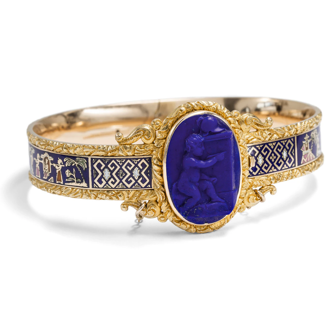Rare Antique Bangle With Lapis Lazuli Cameo & Enamel in Gold, Circa 1870