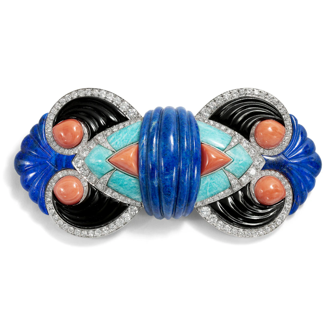 Large Diamond, Coral and Lapis Brooch after a Model by Boucheron, c. 1985