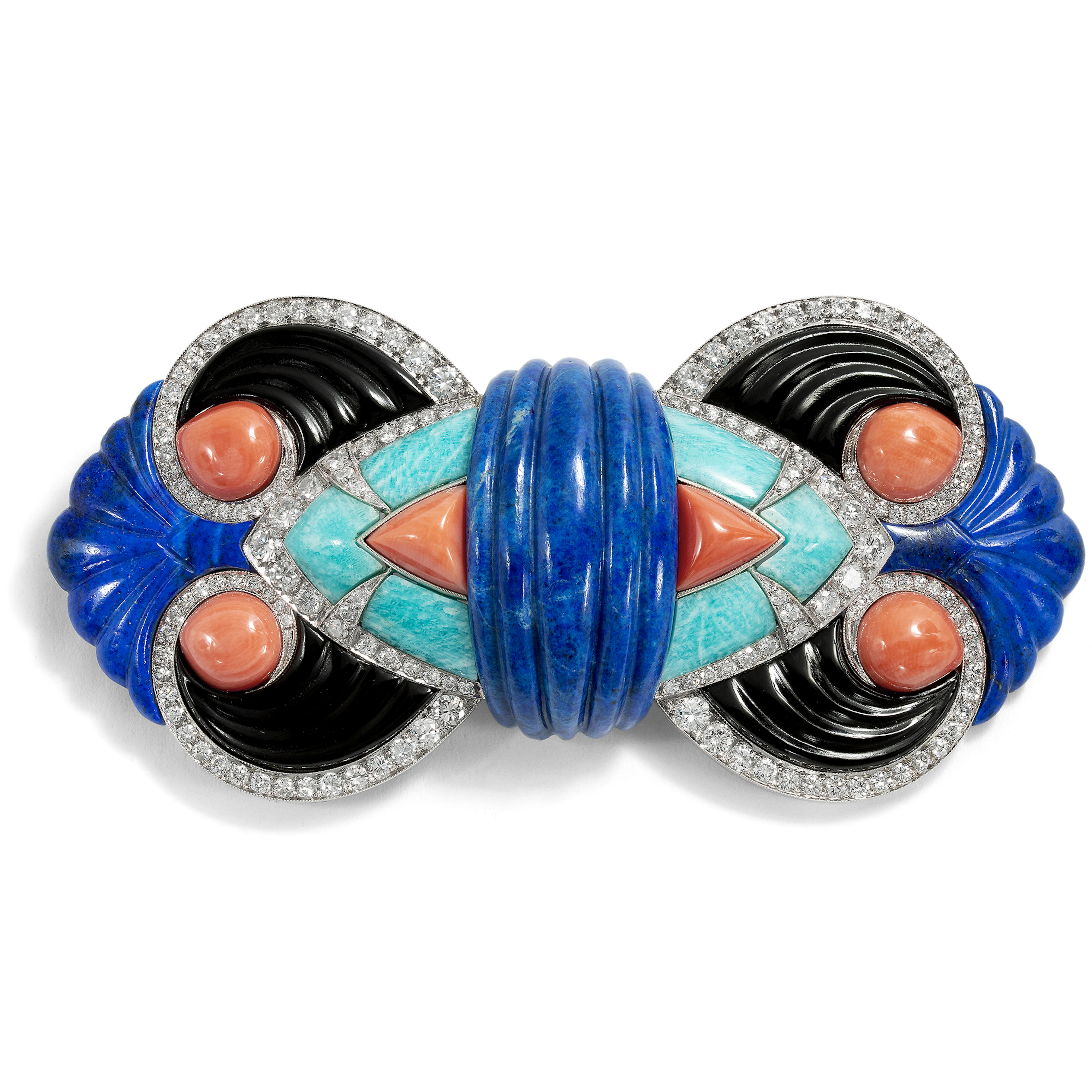 Large Diamond, Coral and Lapis Brooch after a Model by Boucheron, c. 1985