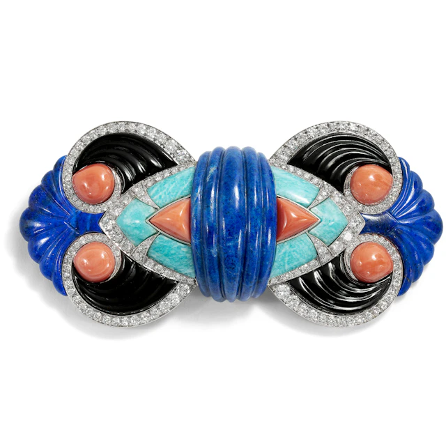 Large Diamond, Coral and Lapis Brooch after a Model by Boucheron, c. 1985