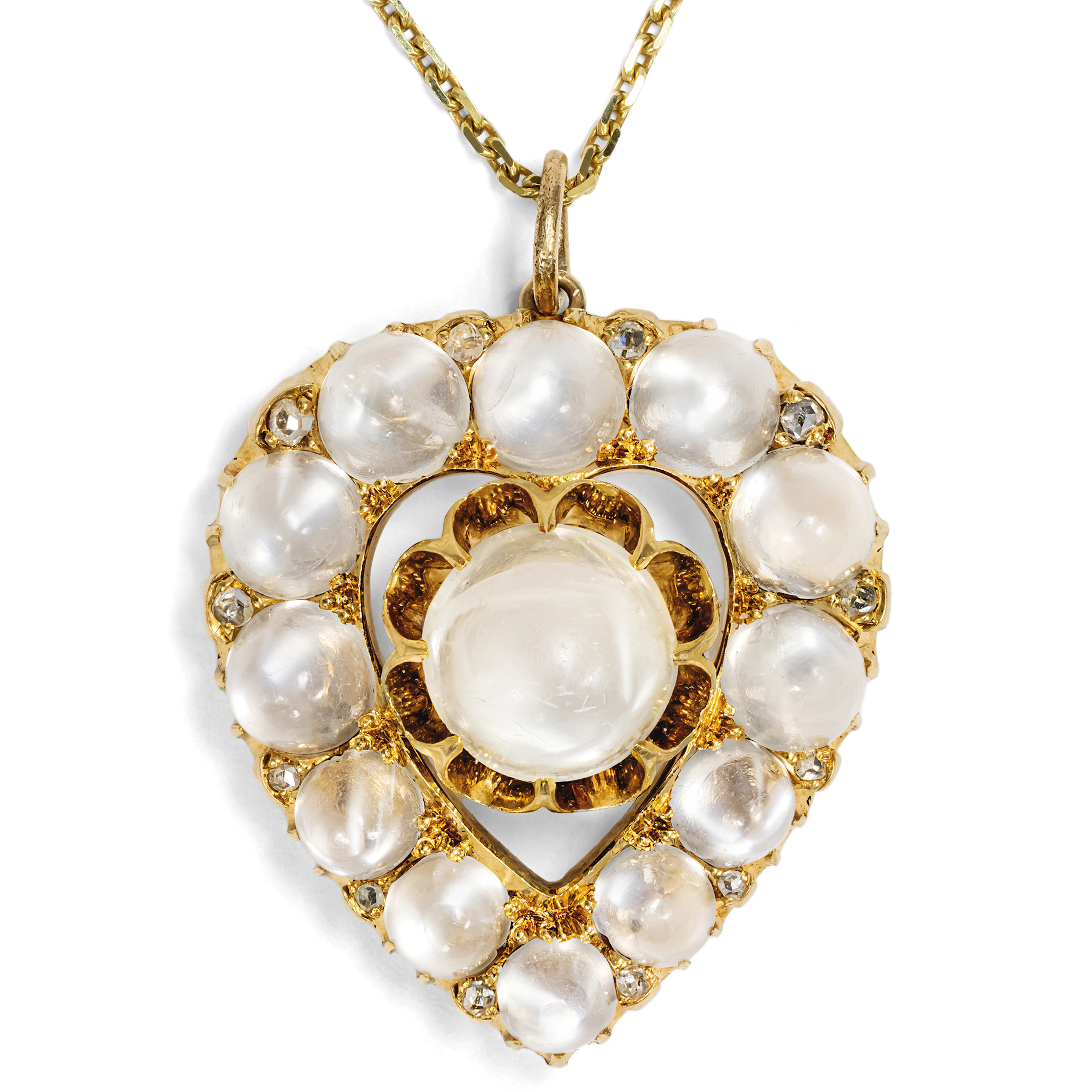 Antique Heart-Shaped Moonstone & Diamond Pendant in Gold, c. 1890