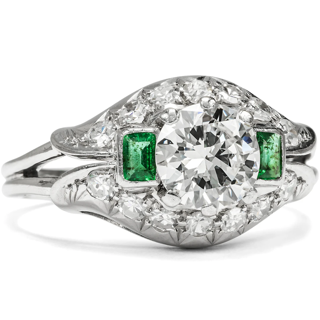 Vintage Ring with 1.30 ct Brilliant Solitaire & Emeralds, Stuttgart c. 1955
