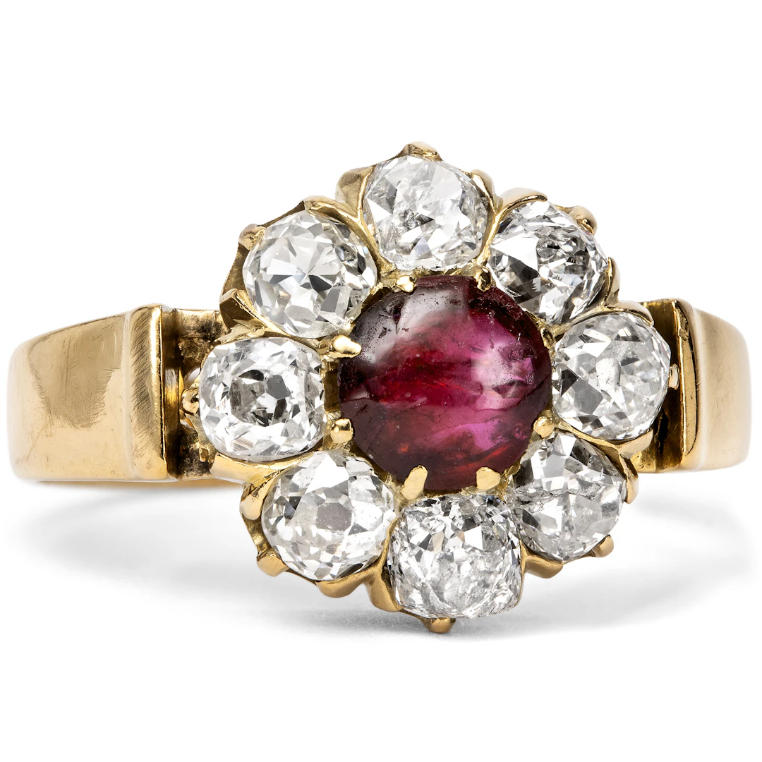 Stately Ring with Untreated Ruby and Diamonds in Gold, Circa 1890