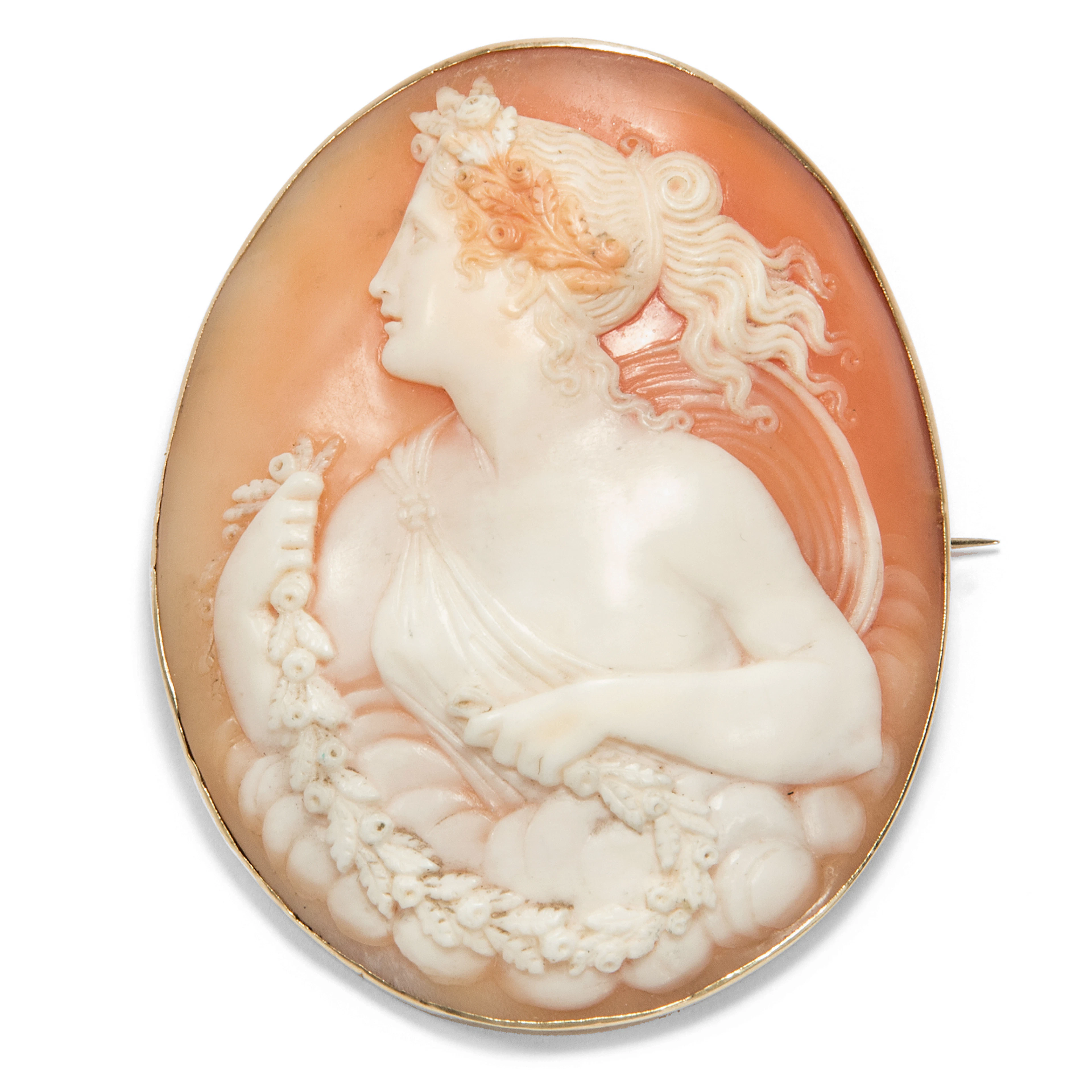 Large Cameo Brooch of Flora Set in Gold, Naples, c. 1880