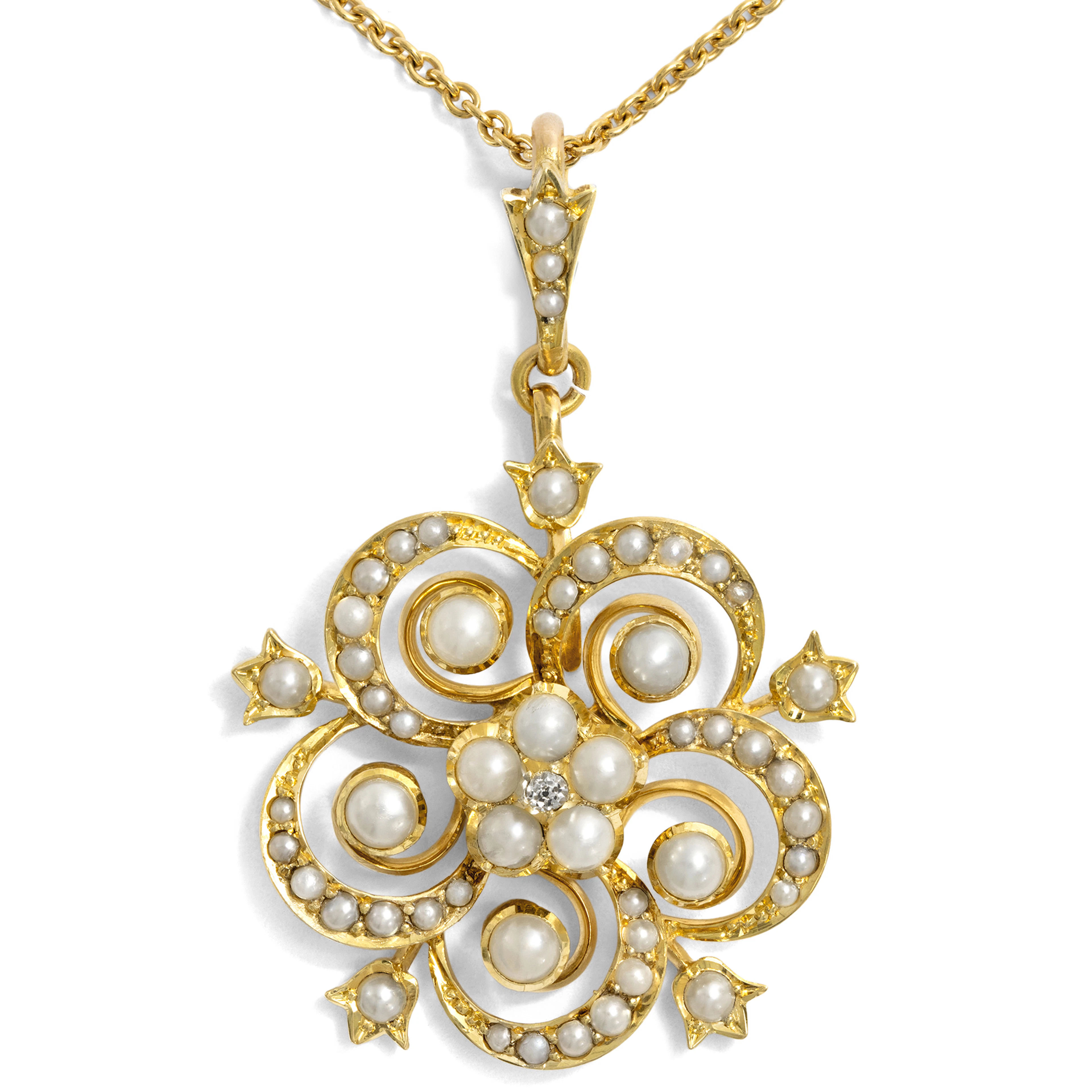 Delicate Edwardian Pendant-Brooch with Natural Pearls in Gold, British, c. 1905