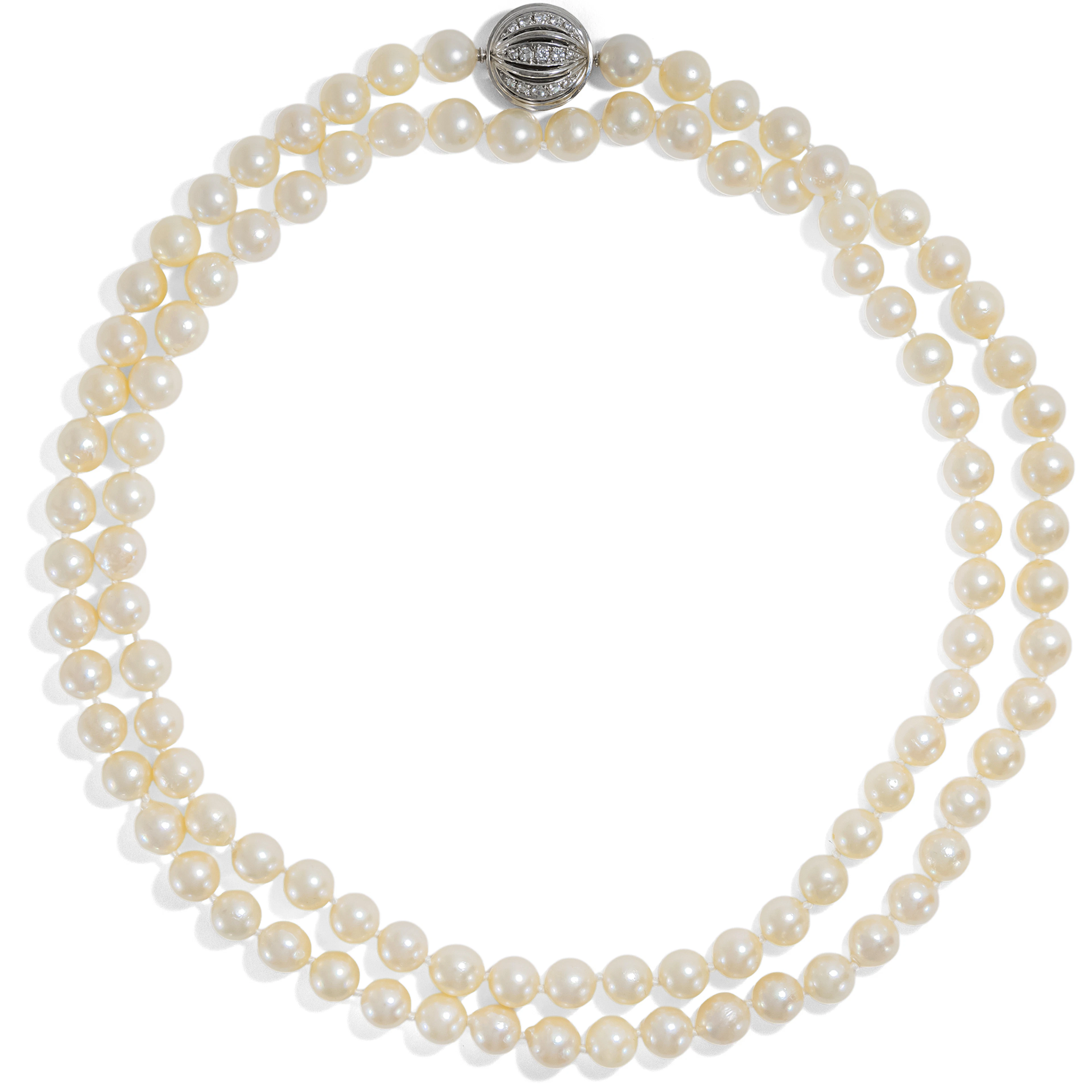 Elegant Opera Length Pearl Necklace With White Gold Diamond Clasp, c. 1975