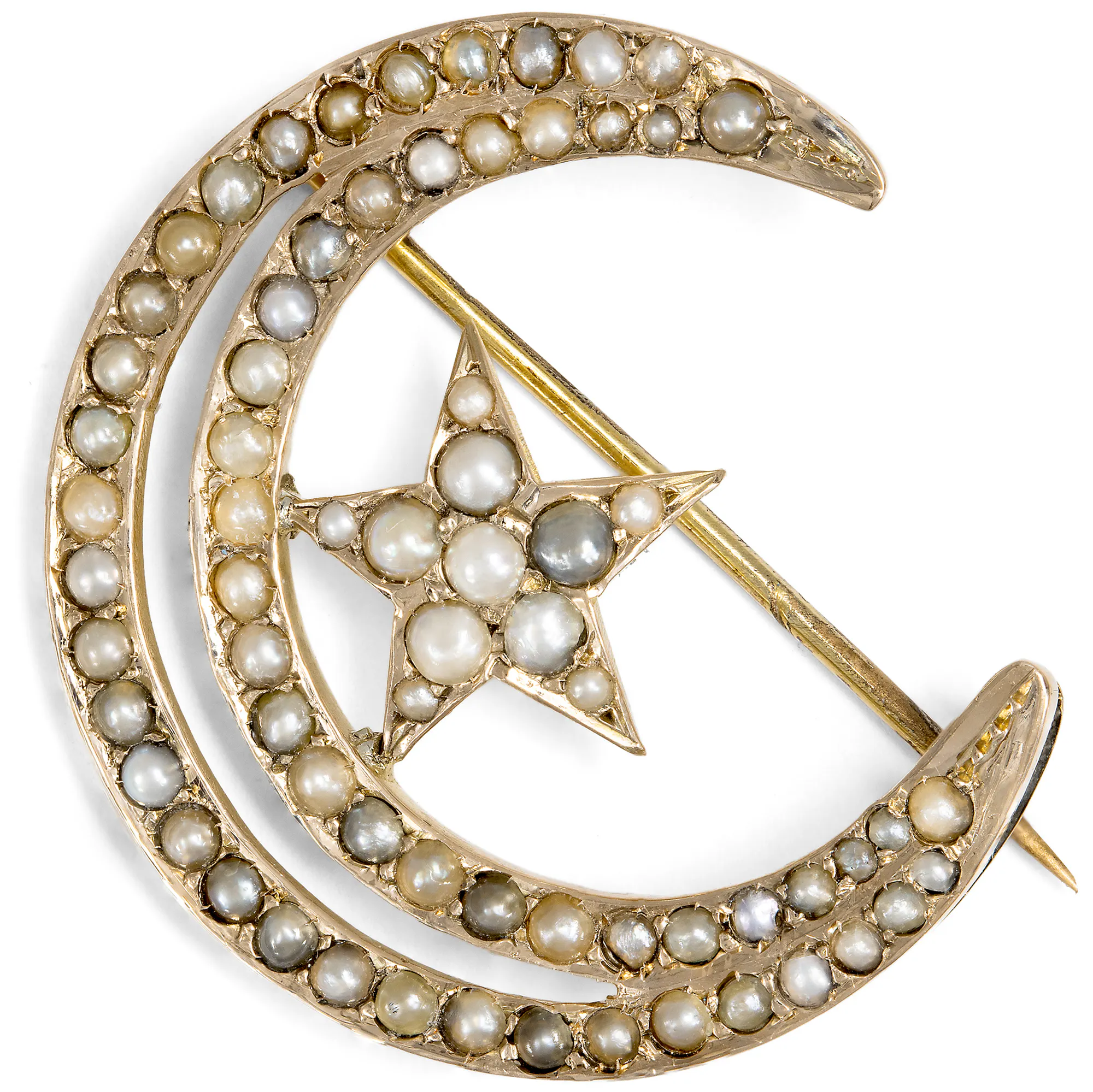 Heavenly Brooch with a Crescent Moon and Star, Made of Pearls, Circa 1890