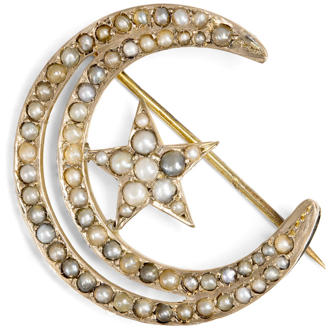 Heavenly Brooch with a Crescent Moon and Star, Made of Pearls, Circa 1890