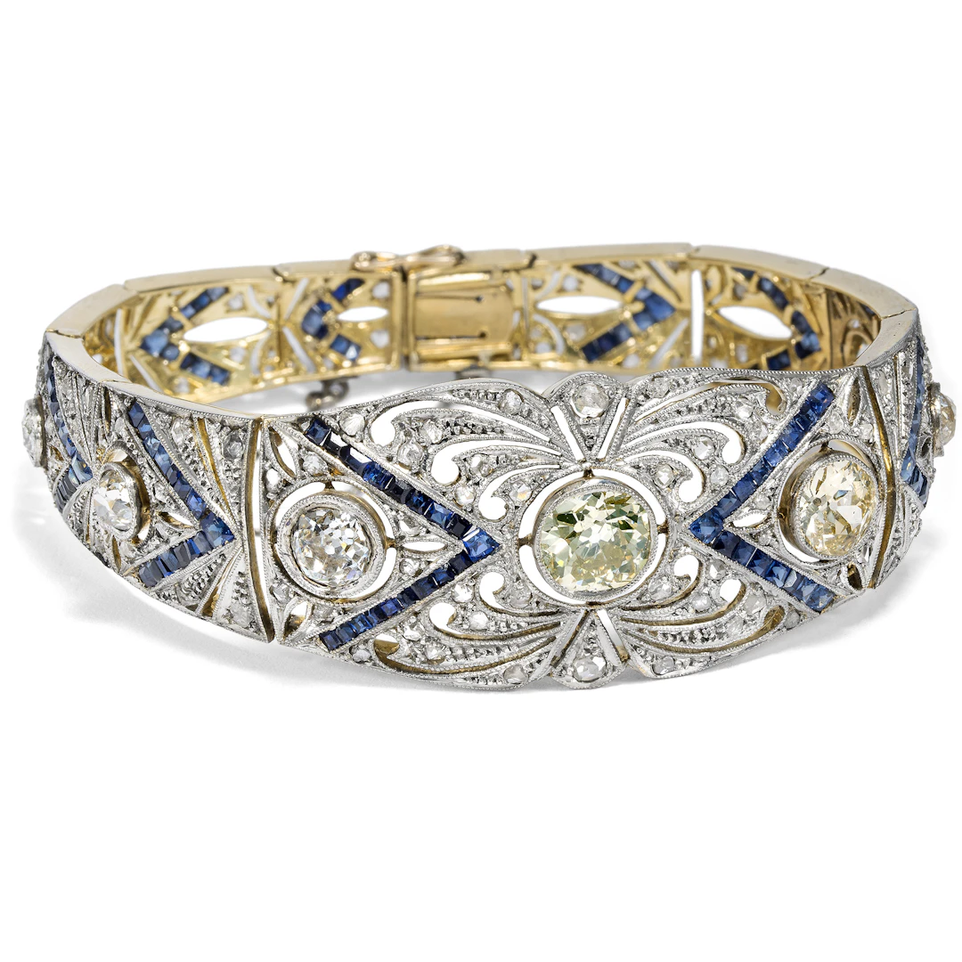 Precious Antique Bracelet With Diamonds & Sapphires In Platinum On